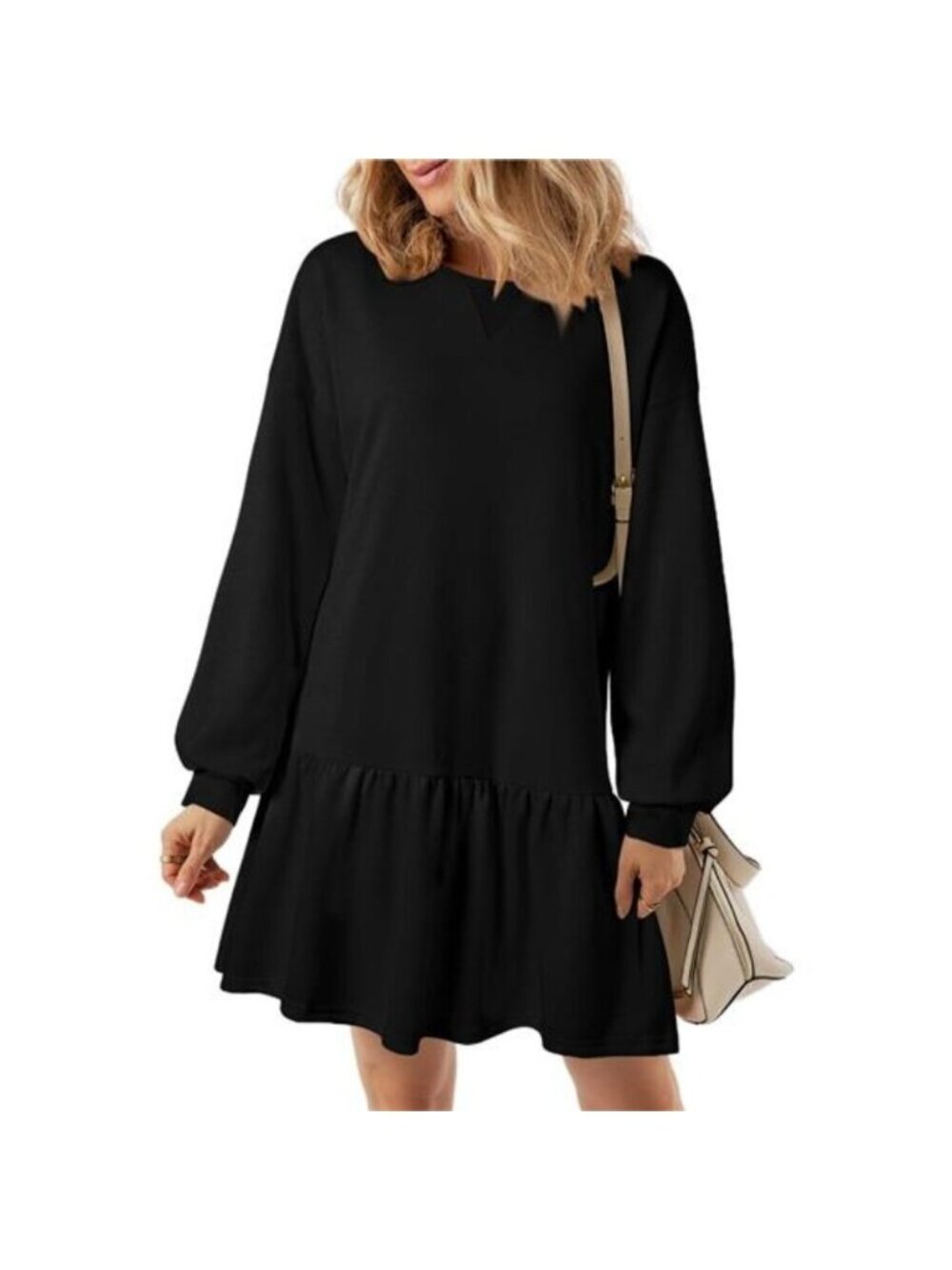 Women's Long Sleeve Crewneck Rib Knit Patchwork Sweatshirt Mini Dress